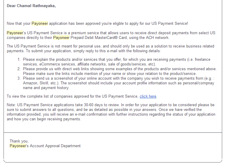 Payoneer Application is Approved