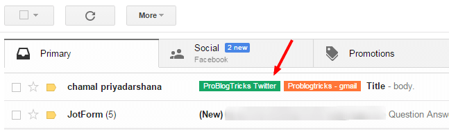 new message to the Gmail alias address which is labeled in inbox