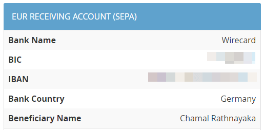 EUR receiving account details