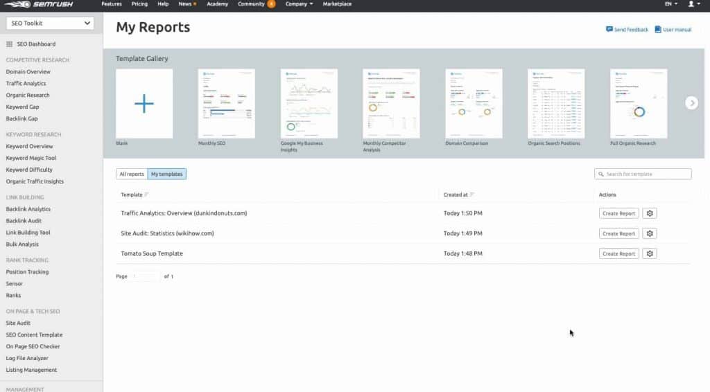 semrush reports templates builder 