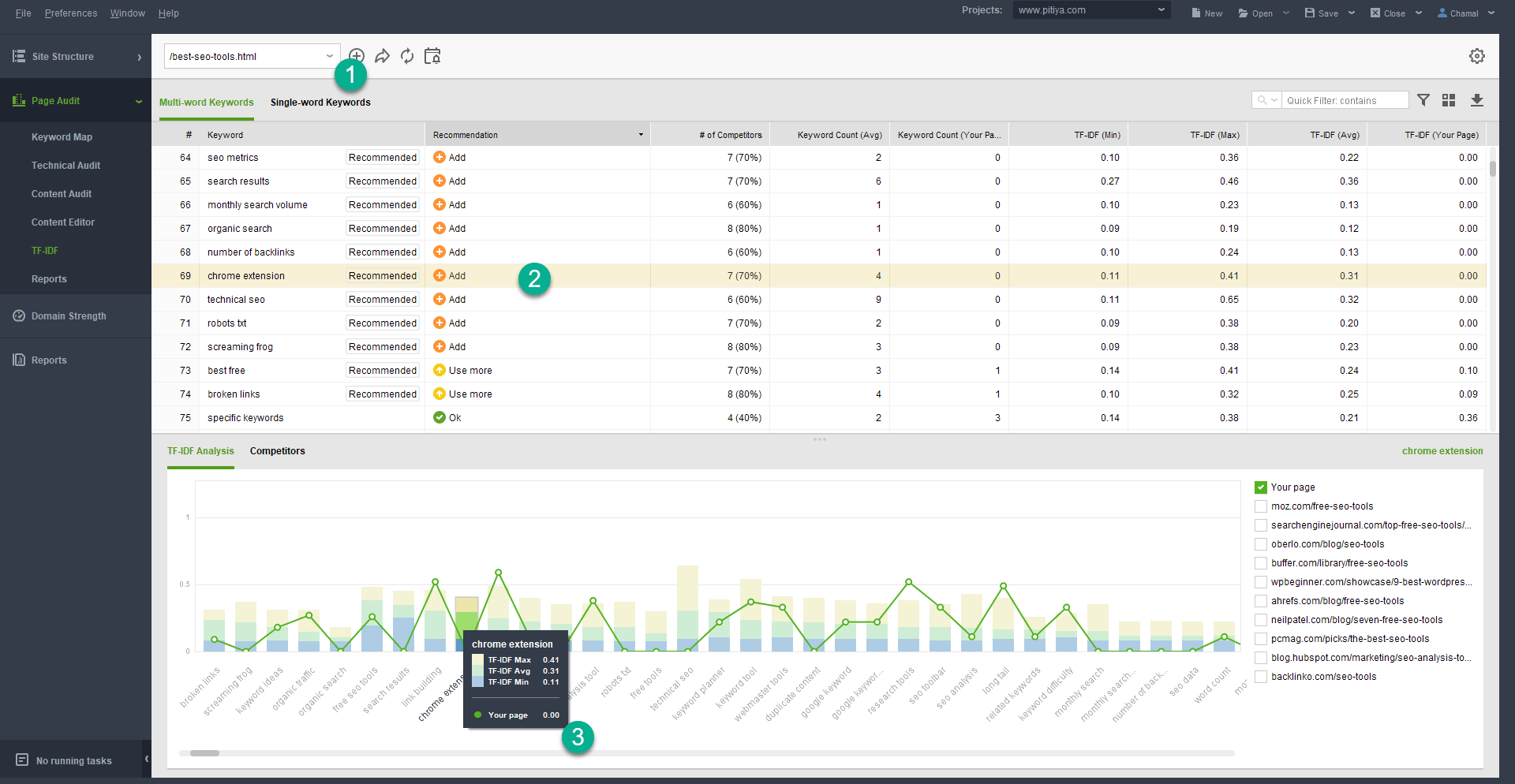 TF-IDF report for a page in Website Auditor
