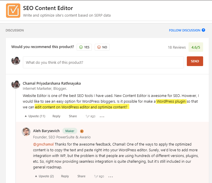 User comment on WebSite Auditor SEO Content Editor in ProductHunt