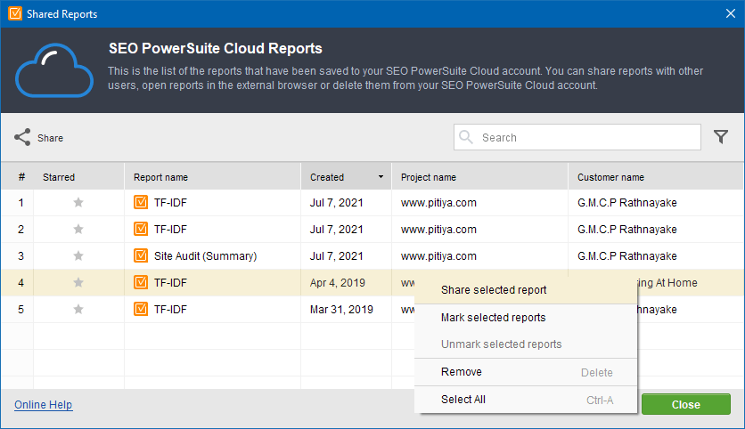 Get shareable links for WebSite Auditor files from SEO PowerSuite Cloud