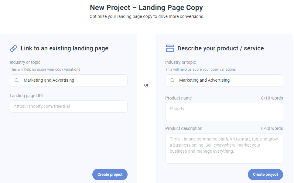 Landing page copy generator settings in Anyword.com