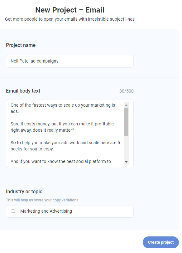 Anyword project settings for emails