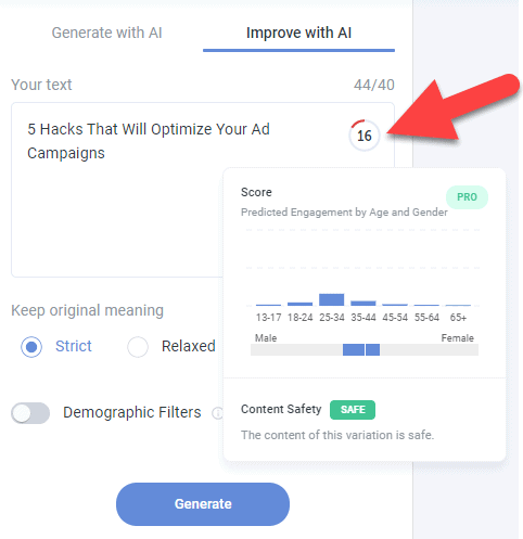 Check predictive performance score for existing subject line in Anywords