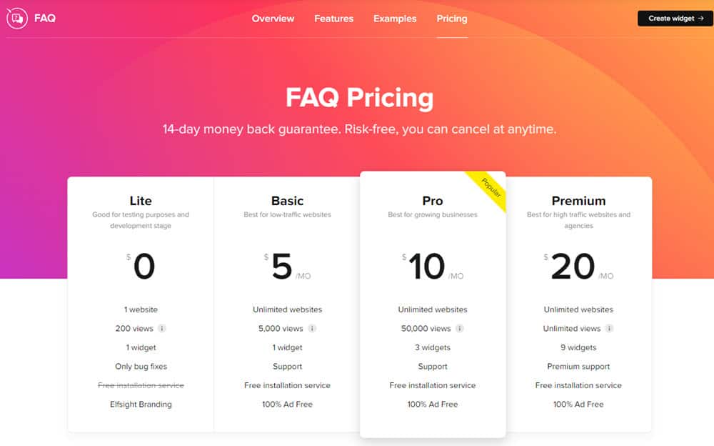 Elfsight FAQ widget pricing