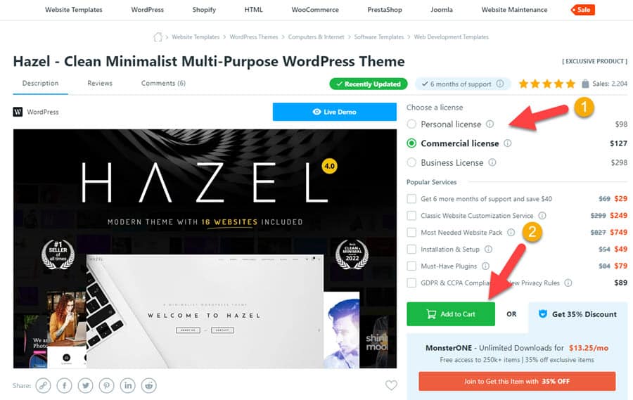 TemplateMonster WordPress theme add to cart