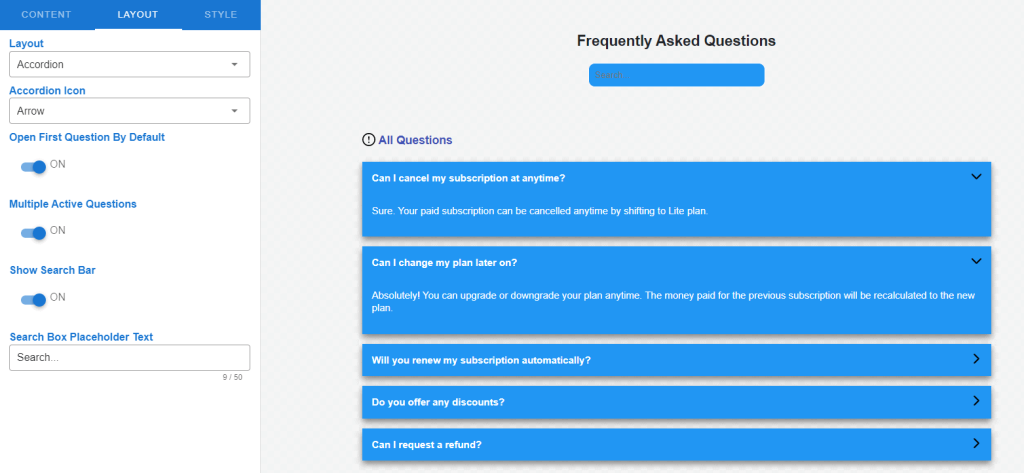 Widgio FAQs widget editor