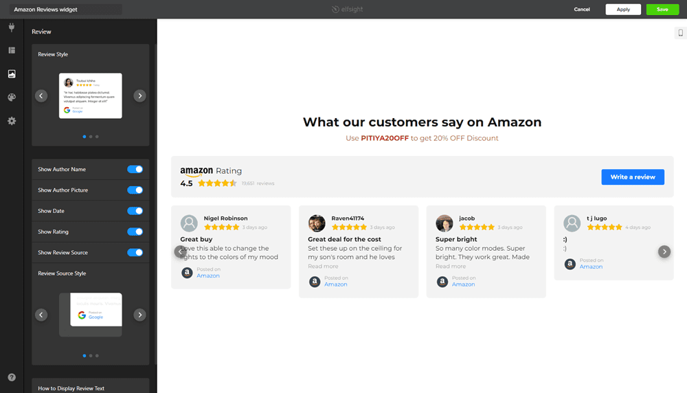 Elfsight Amazon Reviews widget creator