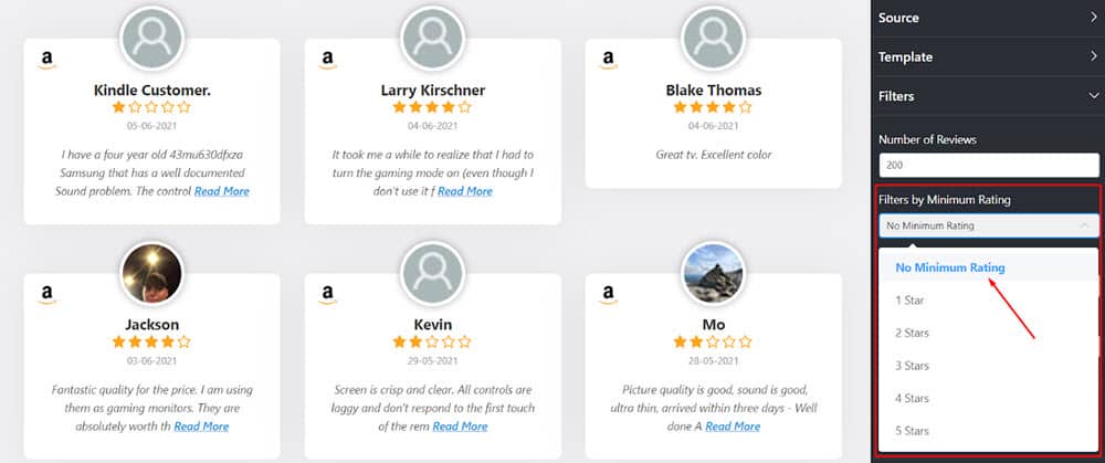 WP Social Ninja Amazon Reviews widget settings