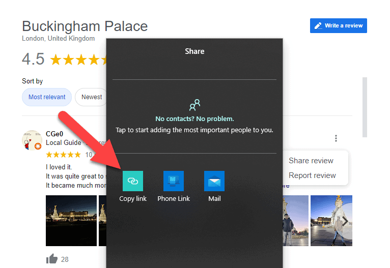 how to copy review link from google