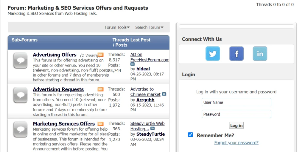 Marketing SEO Services Offers Requests sub forum in Webhostingtalk