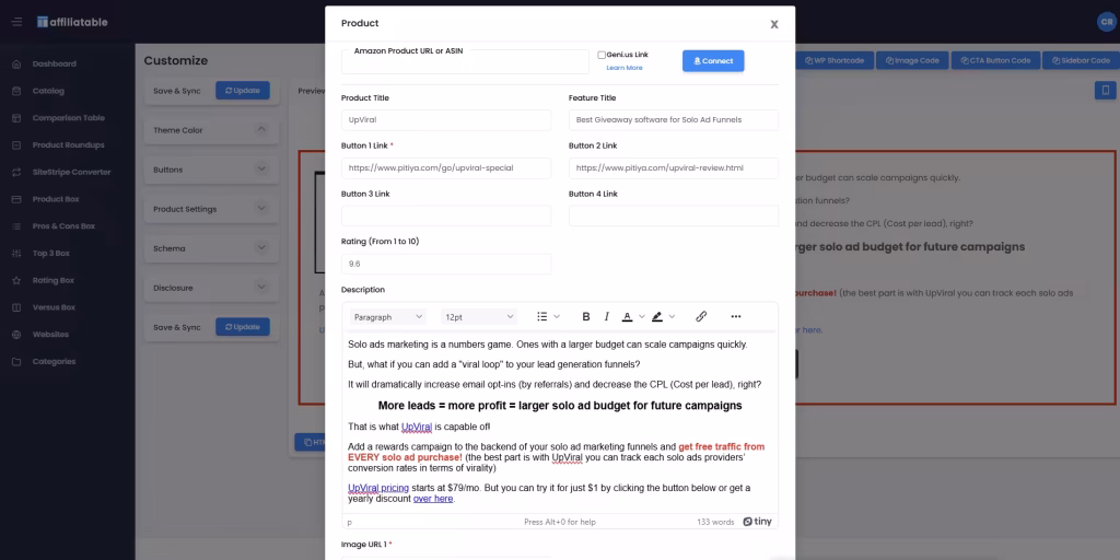 Affiliatable Product Box Widget Editor