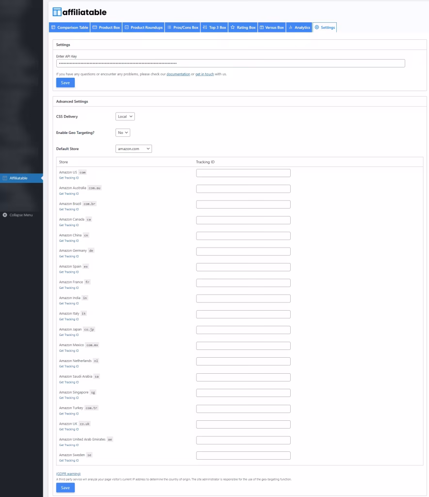 Affiliatable WordPress plugin settings