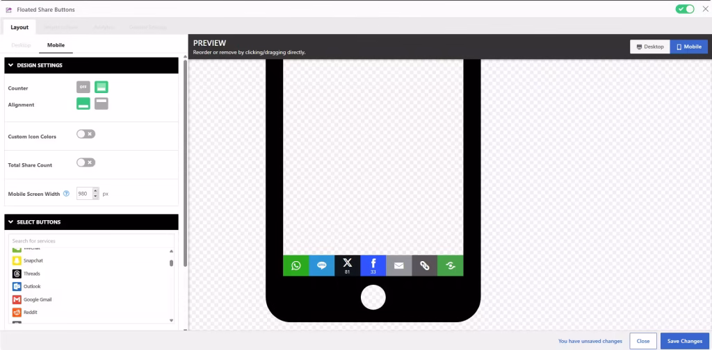 Shareaholic Social Share widget editor
