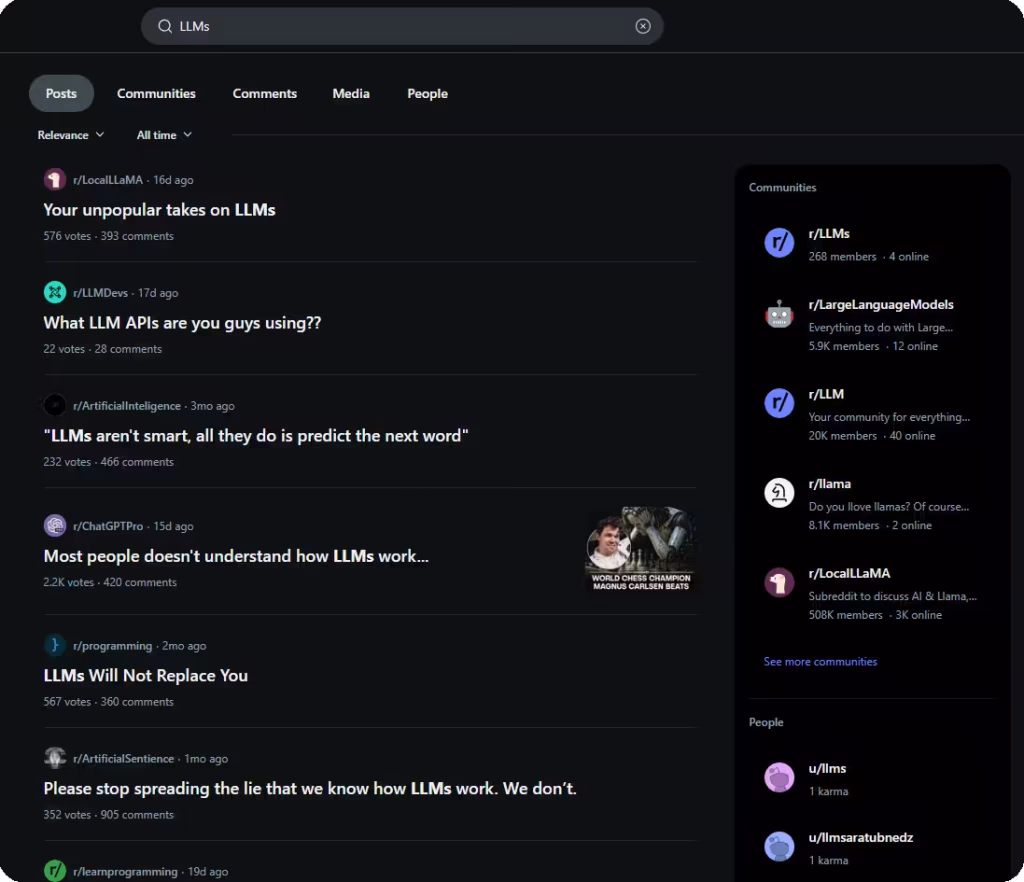 LLMs Reddit Search Results Page