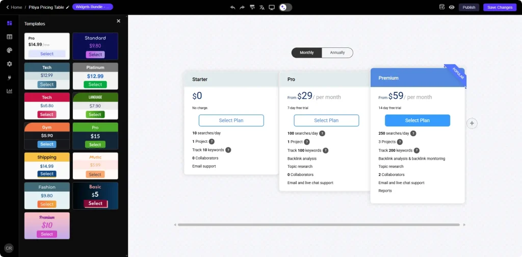 Common Ninja Pricing Tables Widget Creator