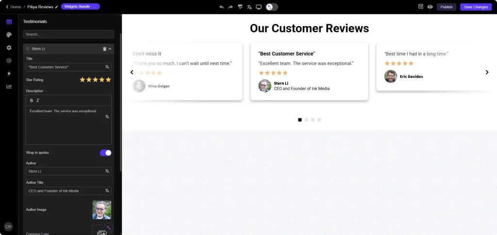 Common Ninja's Testimonials Slider Widget Editor