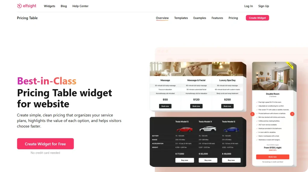 Elfsight's Pricing Table widget page
