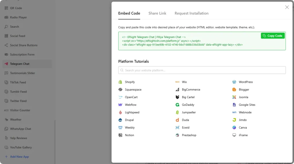 Elfsight's Telegram Chat Widget Embed Code