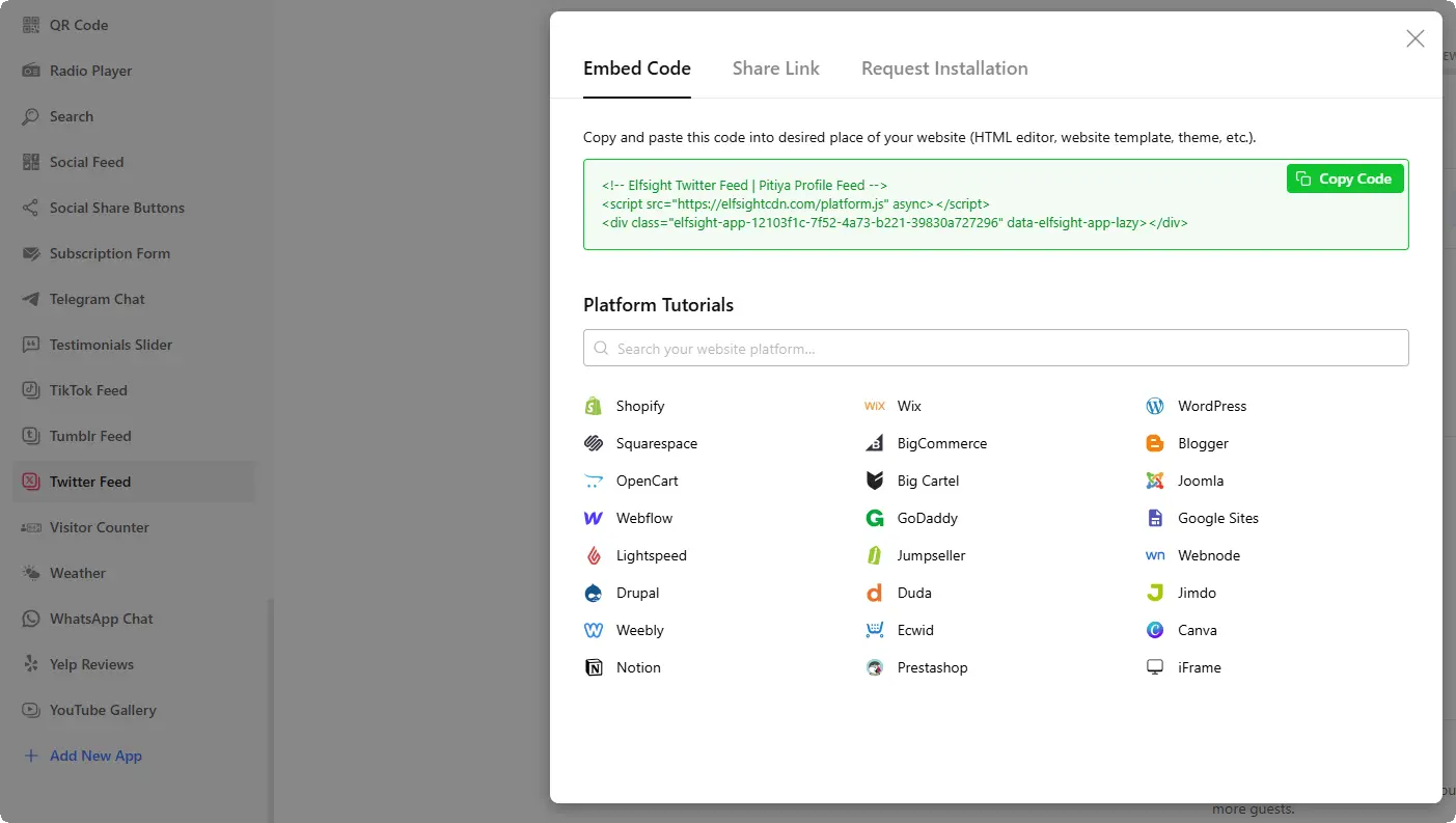 Elfsight X feed widget's embed code