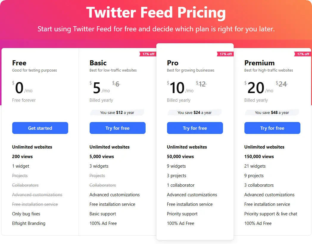 Elfsight X feed widget pricing