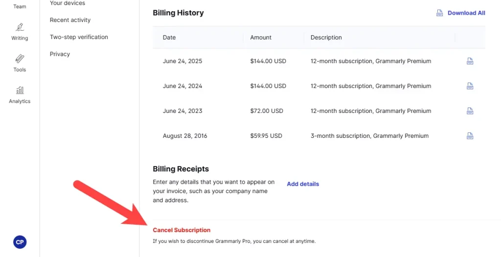 Grammarly Cancel Subscription