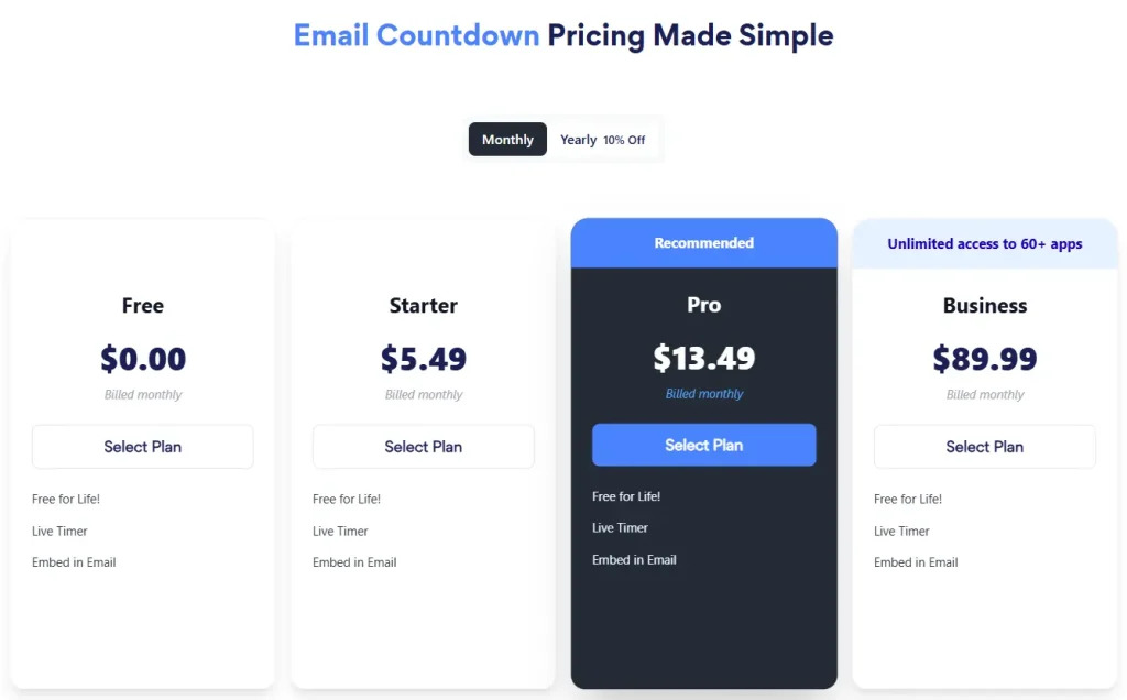Powr's pricing for email countdown app