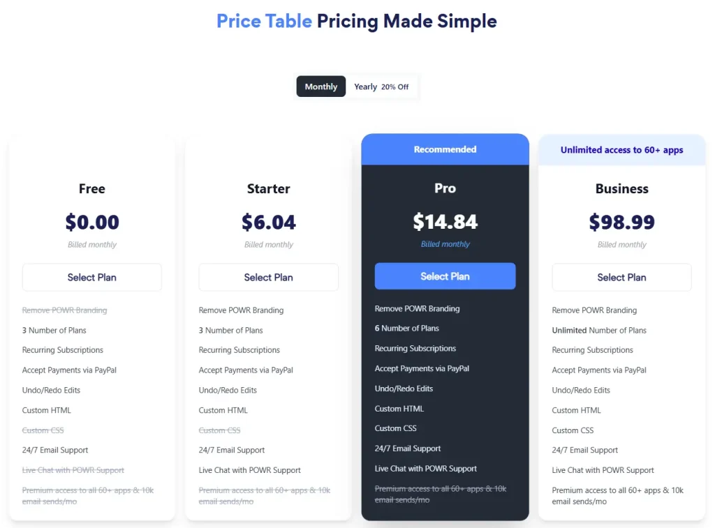 Powr price table app pricing