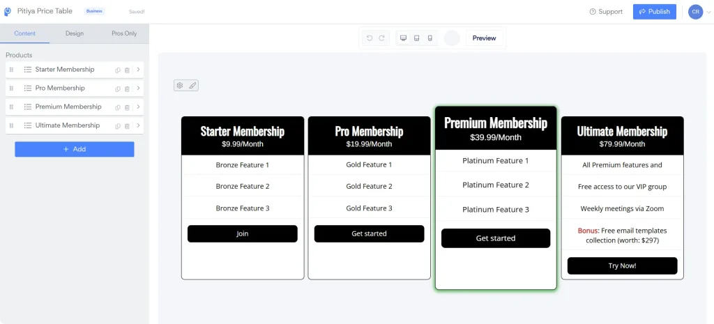 Powr Pricing Table Widget Editor